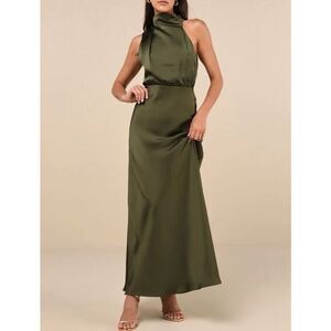 NWT Lulus Women's Distinctive Charm Olive‎ Green Satin Asymmetrical Maxi Dress L